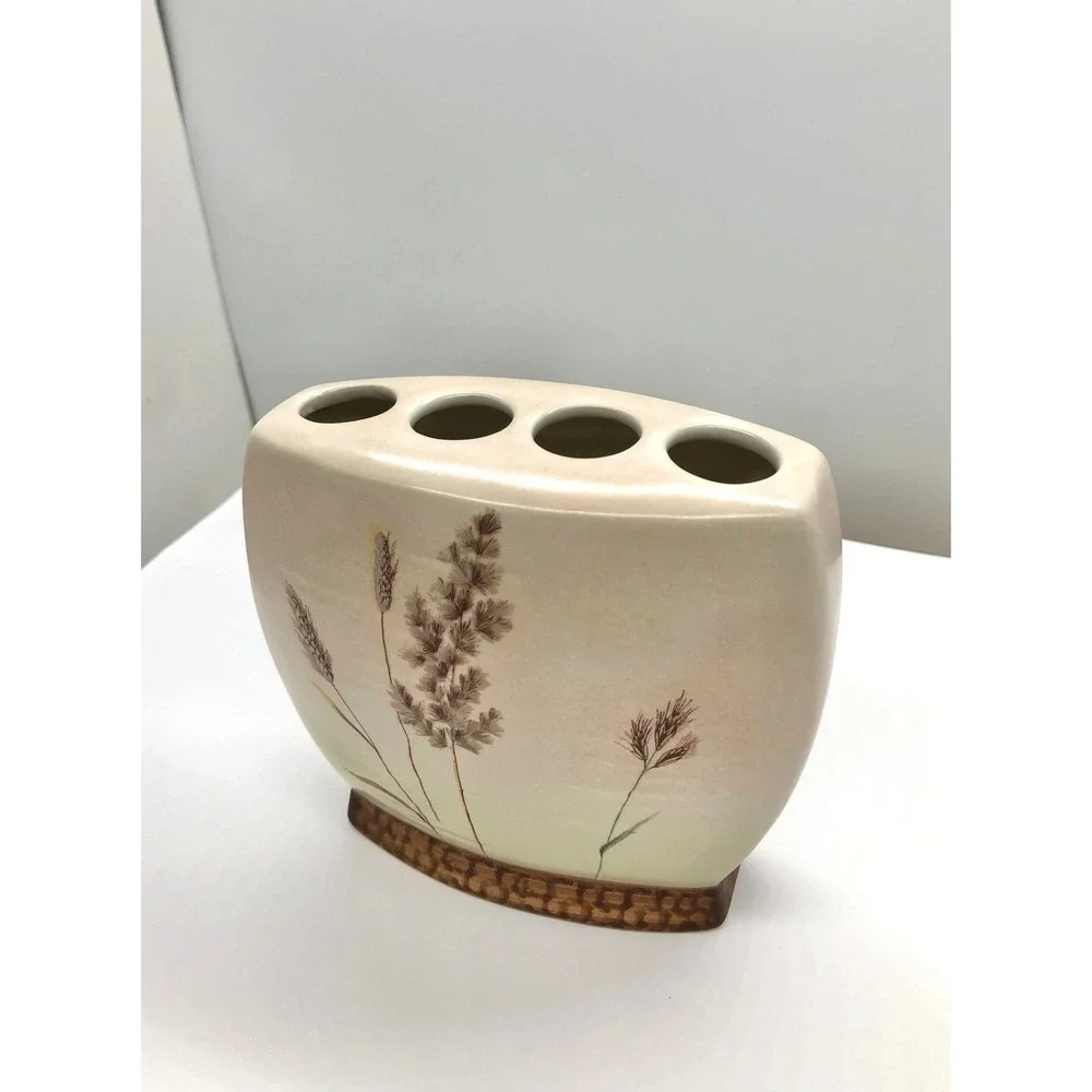 Hand Painted Ceramic Toothbrush Holder Wheat Botanical Farmhouse Decor 4 Slot